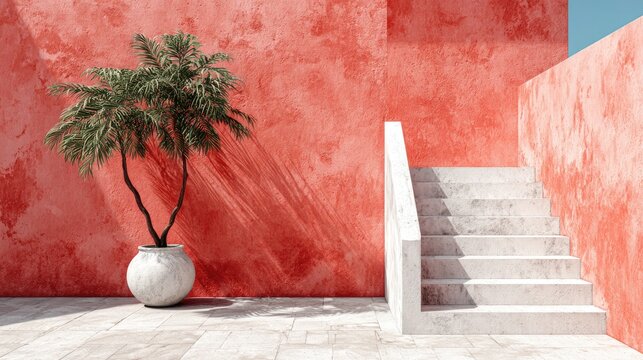 Coral-hued exterior with steps and palm