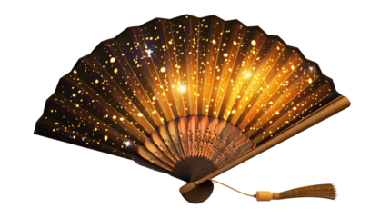 Celestial Themed Silk Fan with Star and Moon Design on white background