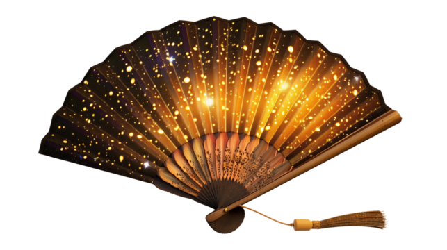 Celestial Themed Silk Fan with Star and Moon Design on white background