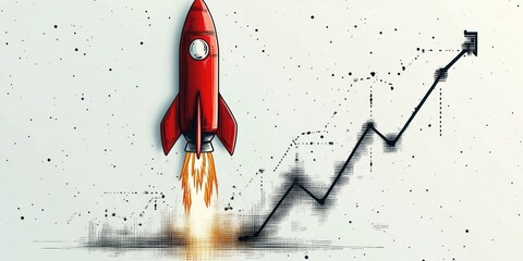 Illustration of a red rocket launching alongside an ascending graph line indicating growth or progress