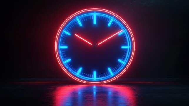 Glowing neon analog clock with bright blue and red lights illuminating a dark reflective surface, evoking a futuristic and vibrant atmosphere - Powered by Adobe