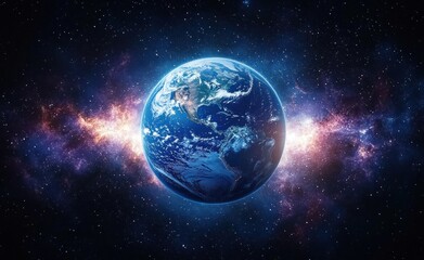 Bright blue planet Earth floating in the vast space with distant stars and colorful galaxy background evoking a sense of wonder and vastness