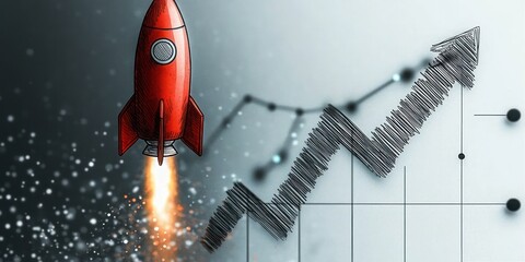 Red cartoon rocket launching upwards alongside a scribbled black zigzag arrow graph symbolizing growth or progress with a gray background featuring dots and light effects