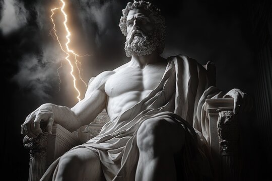 Majestic marble statue of a muscular bearded man seated on a throne with a powerful pose, dramatic lightning illuminating stormy dark clouds in background - Powered by Adobe