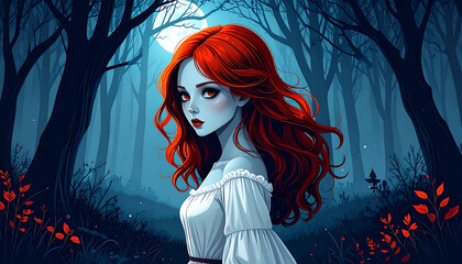 Fiery red hair haunted forest gothic girl somber mood moonlight eerie atmosphere dark trees red leaves mysterious woman