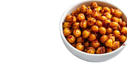 Fototapeta premium Crispy roasted chickpeas in a white bowl, isolated on a clean background. Perfect healthy snack option for any occasion.