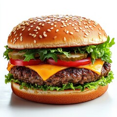 Close-up of a juicy cheeseburger with sesame seed bun, melted cheddar cheese, fresh lettuce, tomato slices, and pickles