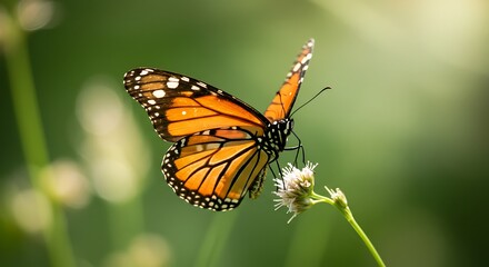 Obraz premium Monarch butterfly rests on a flower.