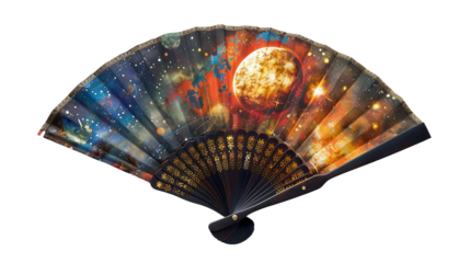 Celestial Themed Silk Fan with Moon and Star Artwork on white background