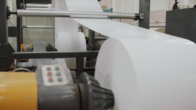 No people shot of part of modern industrial paper cutting machine in printing house