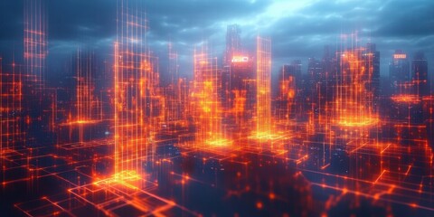 Futuristic cityscape with glowing orange digital grid structures overlaid on dark skyscrapers under a cloudy sky, evoking a high-tech, cyber atmosphere