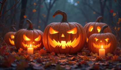 Jack-o’-lantern pumpkins glowing with candles surrounded by autumn leaves, dark spooky background