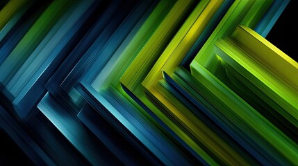 Abstract geometric design with diagonal, layered, bright green and teal stripes on a dark background