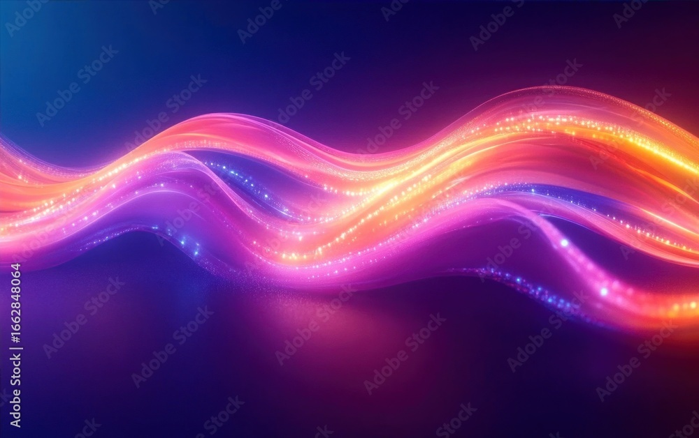 Poster glowing colorful vibrant wave lines flowing smoothly against a dark purple background creating a dyn