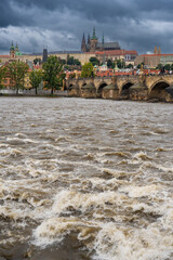 Flood in Prague. View of Prague Castle across the flooding river Vltava, Prague