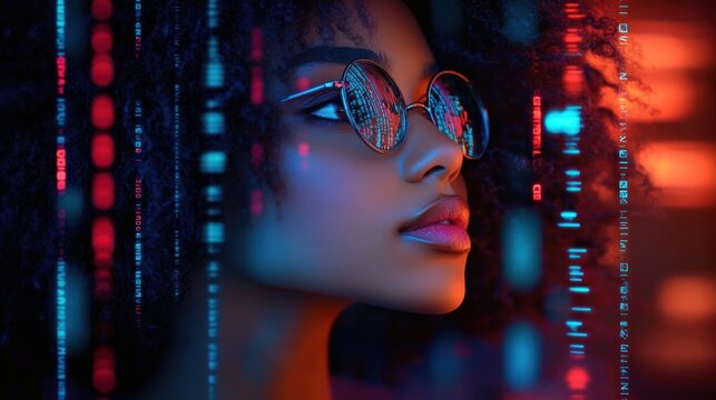 Close-up profile of a woman with curly hair wearing round glasses reflecting digital code and neon lights, expressing focus and futuristic vibe