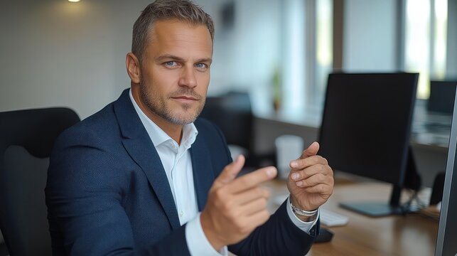 confident businessman in blue suit gesturing while sitting at office desk with computer monitors in bright workspace - Powered by Adobe