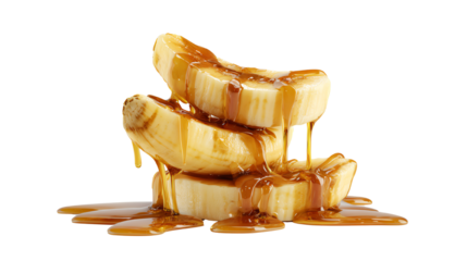 Sliced bananas drizzled with caramel sauce on a white background.