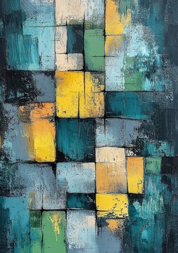 Abstract geometric painting with overlapping textured rectangular blocks in shades of yellow, green, teal, beige, and gray creating a dynamic composition