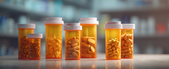 The colorful arrangement of prescription medication bottles on a pharmacy table.