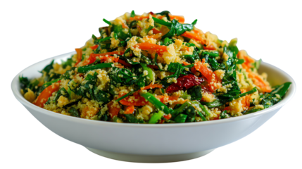 Vibrant bowl of healthy vegetable salad with mixed greens and colorful toppings on a white background.