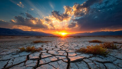 ひび割れた砂漠に沈むドラマチックな夕日
