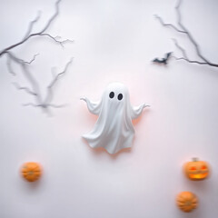 Creative Halloween flat lay with a cute ghost character, bats, and spooky glowing pumpkins