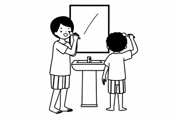 Two young boys brushing teeth together in the bathroom with a mirror and sink