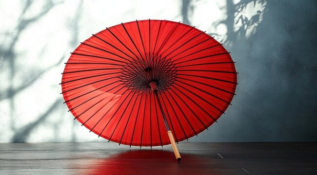 Bright red paper umbrella leaning on a dark wooden surface casting shadows on a textured light blue wall with tree branch shadows
