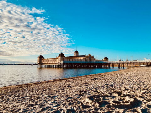 Varberg, Sweden- August 8 2022: Varberg Kallbadhus, a historic wooden bathhouse on the pier in Varberg