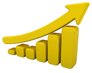 Yellow bar graph upward arrow growth success business finance isolated transparency background 3D progress positive trend motivation achievement modern