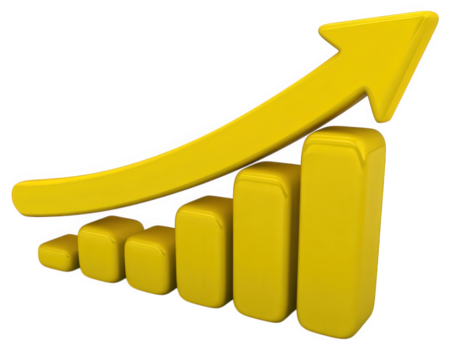 Yellow bar graph upward arrow growth success business finance isolated transparency background 3D progress positive trend motivation achievement modern