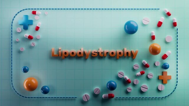Animated text "Lipodystrophy" on a 3D medical background. Ideal for biology education, cellular energy visuals, metabolic health, nutritional science, wellness content, or scientific medical projects.