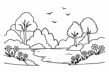 Peaceful riverside scene featuring trees, flowers, birds, and tranquil waterscape art