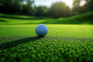 Close-up of a golf ball resting on a well-manicured green golf course under soft natural sunlight with blurred trees in the background