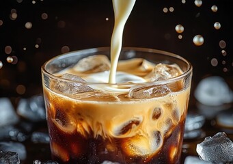 Cream being poured into a glass of iced coffee surrounded by ice cubes with splashes and droplets in a dark background