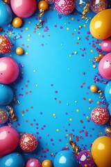 Vibrant party scene with colorful balloons and confetti scattered over a bright blue background creating a festive and joyful atmosphere