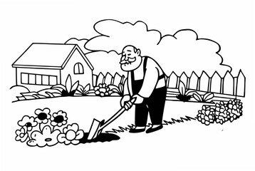 Cheerful gardener tending flowers near cozy home, cultivating beauty in his yard