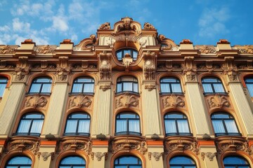 ornate classical building facade with large arched windows and intricate decorative architectural details under a bright blue sky