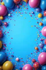 Colorful balloons and confetti arranged in a festive frame on a bright blue background, creating a cheerful and celebratory atmosphere