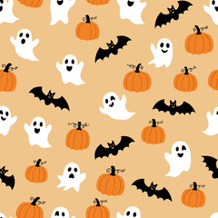 Halloween Vector Pattern Featuring Spooky Ghosts Bats and Pumpkins in a Cartoon Style on Light Orange Background
