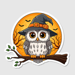 Cute Owl Vector Illustration for Halloween with Cartoon Witch Hat Pumpkin and Moon Background in Orange Colors