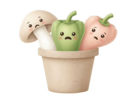Cute cartoon mushroom and bell peppers with sad faces in a pot, isolated on transparent background