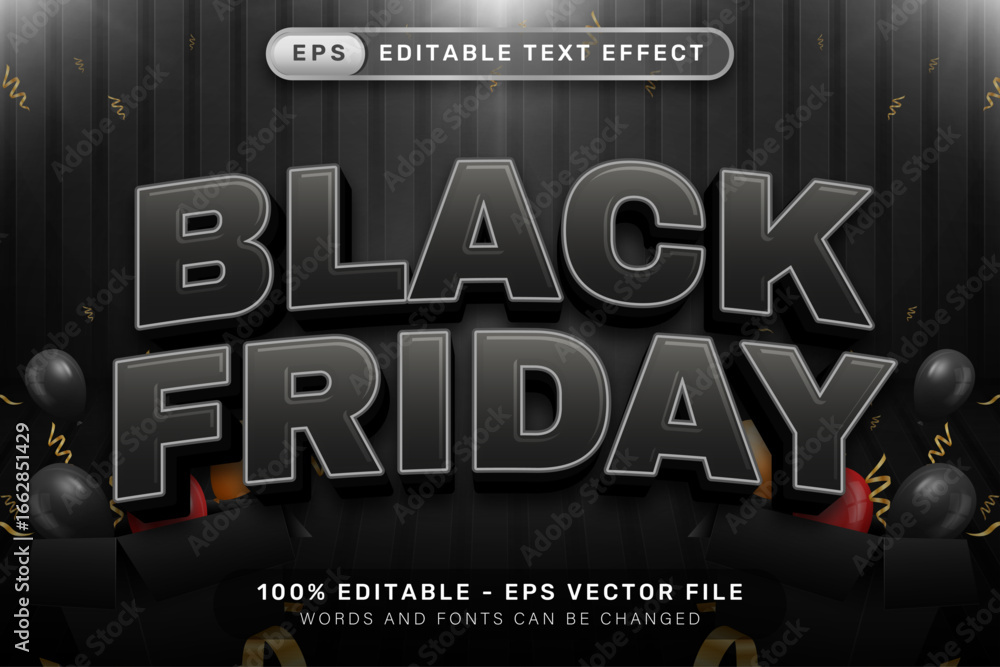 Poster black friday 3d text effect and editable text effect with balloon and gift box illustrations