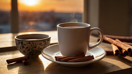 Fototapeta premium cup of coffee, Warm Spiced Tea with Cinnamon Sticks by Window at Sunset