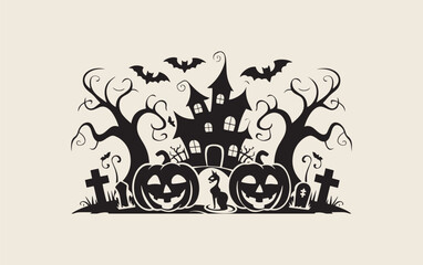 Silhouette of a haunted house with twisted trees, bats, A black cat sits between the pumpkins, creating a spooky Halloween scene.