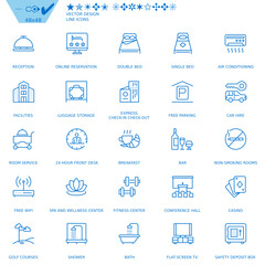A large set of blue line art icons with a focus on tourism and transportation. The icons include representations of various vehicles, landmarks, travel activities, and service