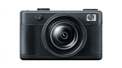 Front view of a matte black, rectangular camera with a prominent lens