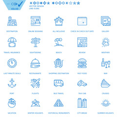 A large set of detailed line art icons, all in blue. The icons cover a wide range of travel and navigation concepts, including landmarks, transport, weather, and destinations