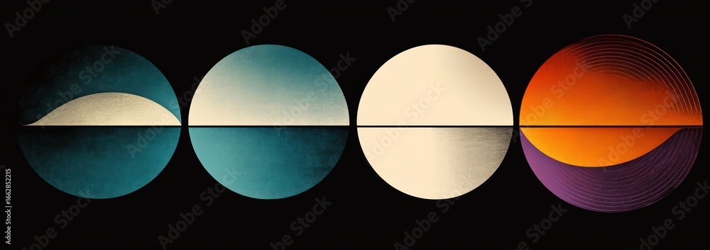 Poster four abstract circular shapes with horizontal divisions, featuring gradient colors from teal and cre
